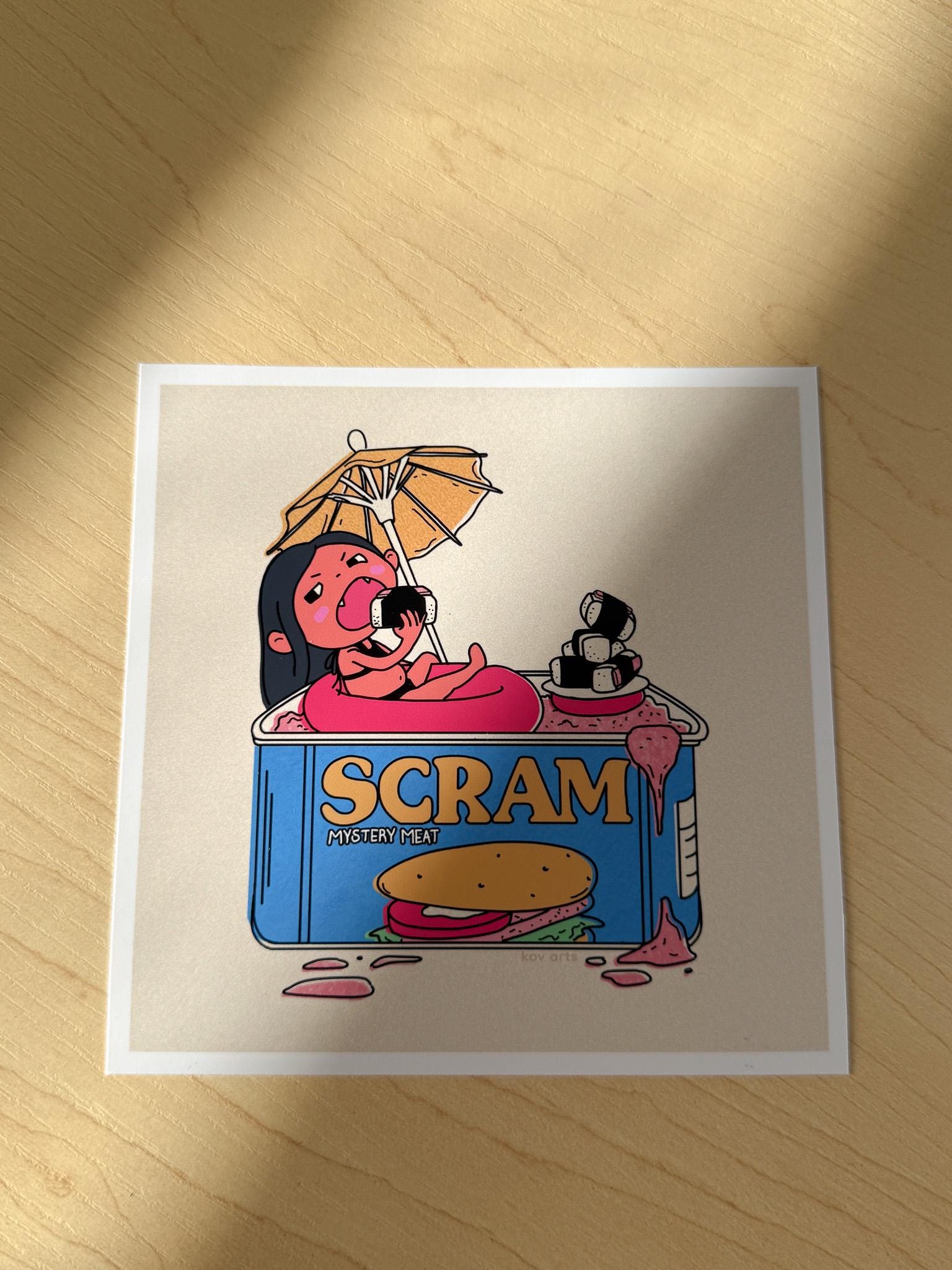 Funny Spam Girl Mini Art Print – 5x5 Art Wall Decor, Colorful, Cute & Quirky Gift, Small Print for Desk