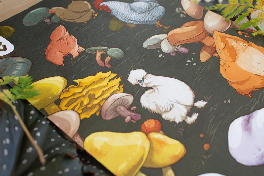 8x11 Art Print - Chickens & Mushrooms