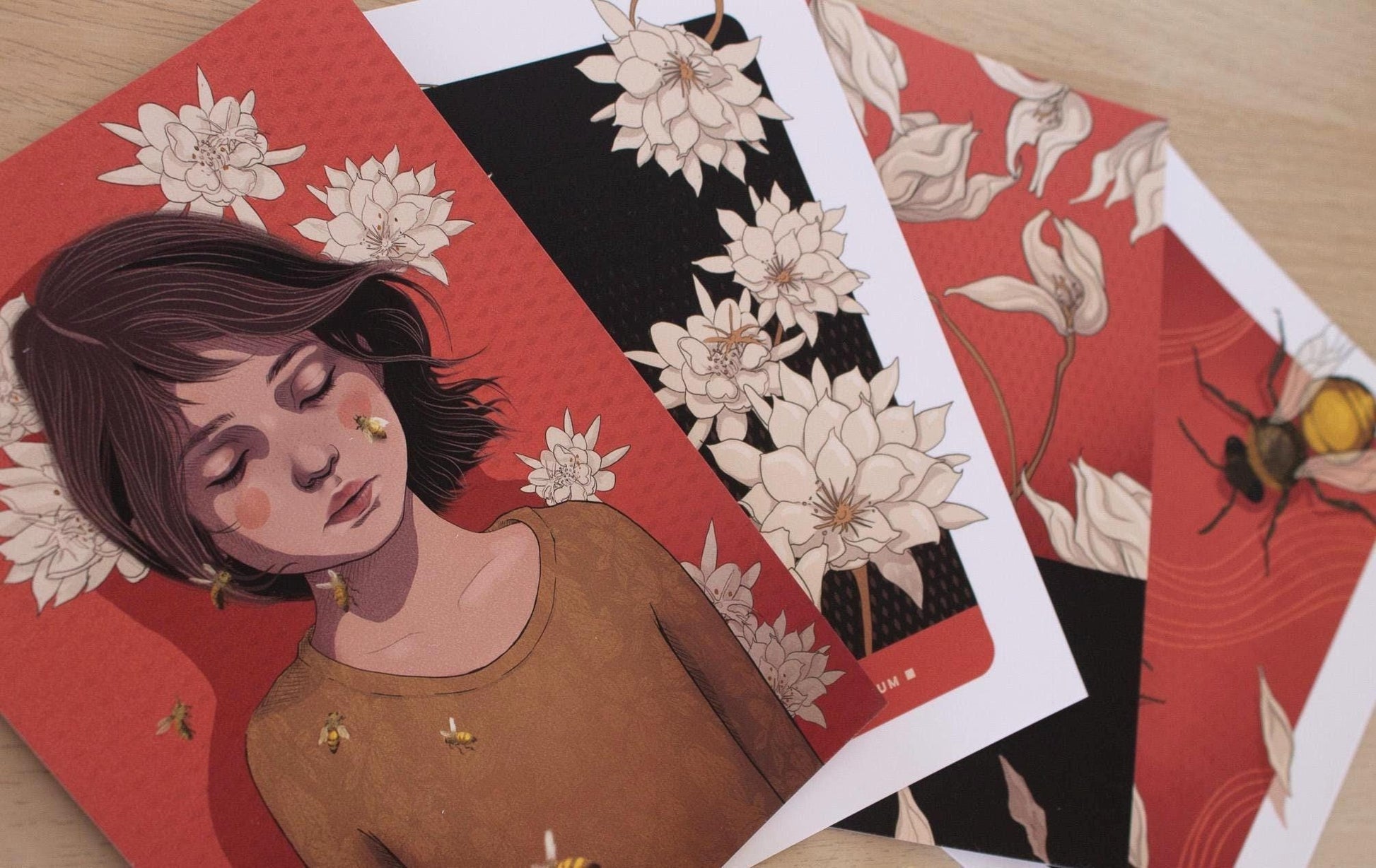 Set of 4 - 5x7 Art Postcards / Wall Art - Girl with Bees and Flowers