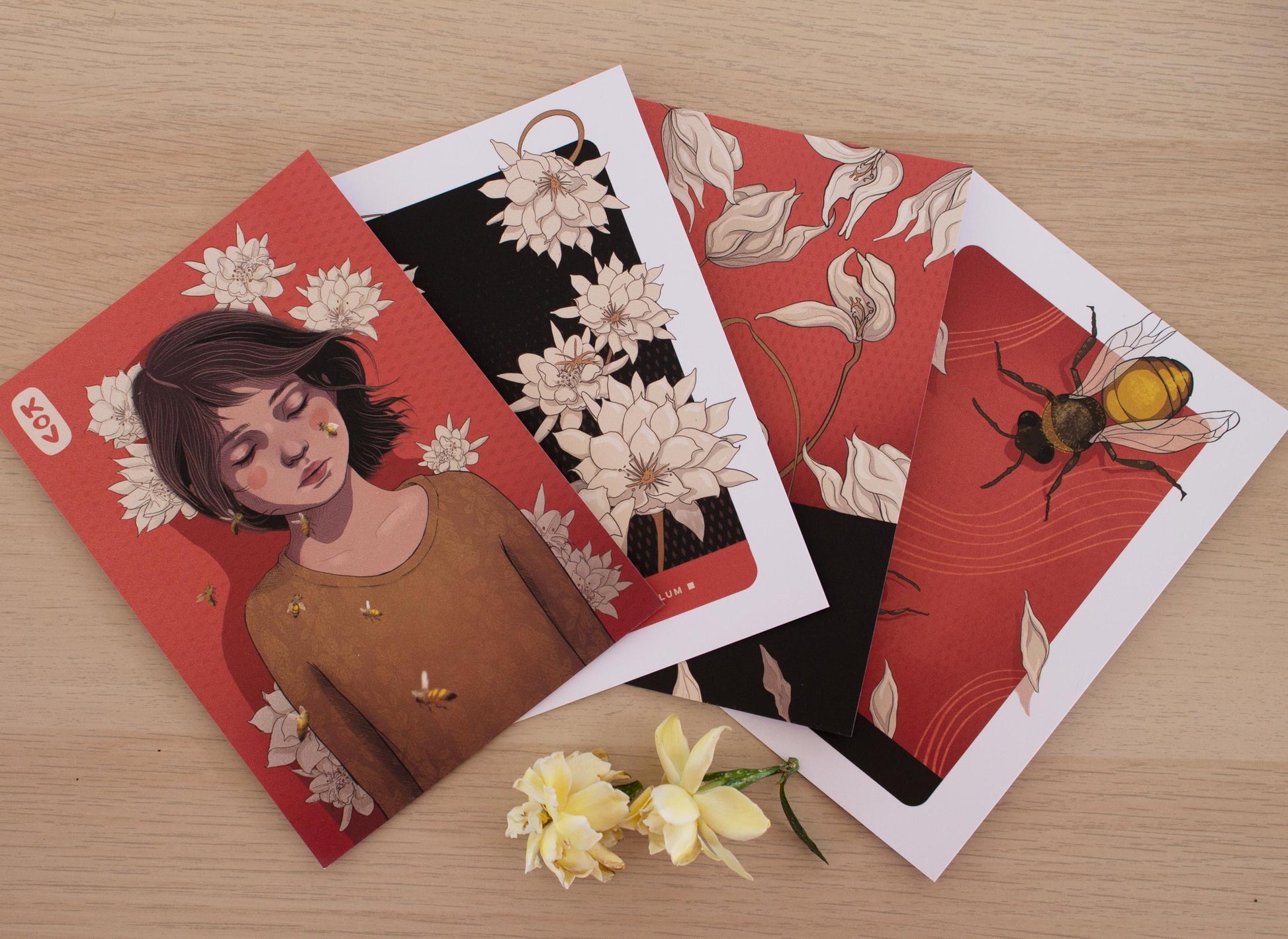 Set of 4 - 5x7 Art Postcards / Wall Art - Girl with Bees and Flowers