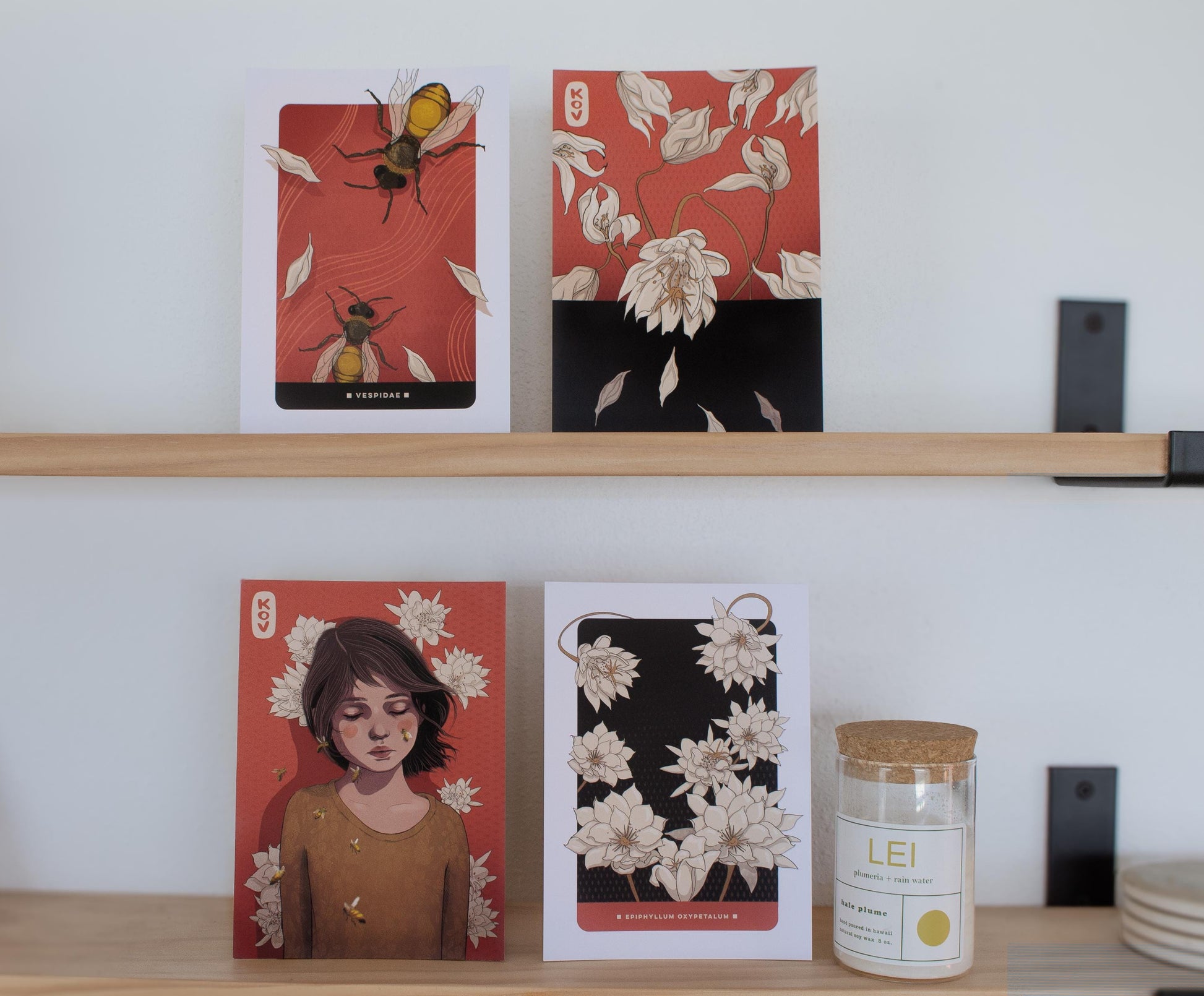 Set of 4 - 5x7 Art Postcards / Wall Art - Girl with Bees and Flowers