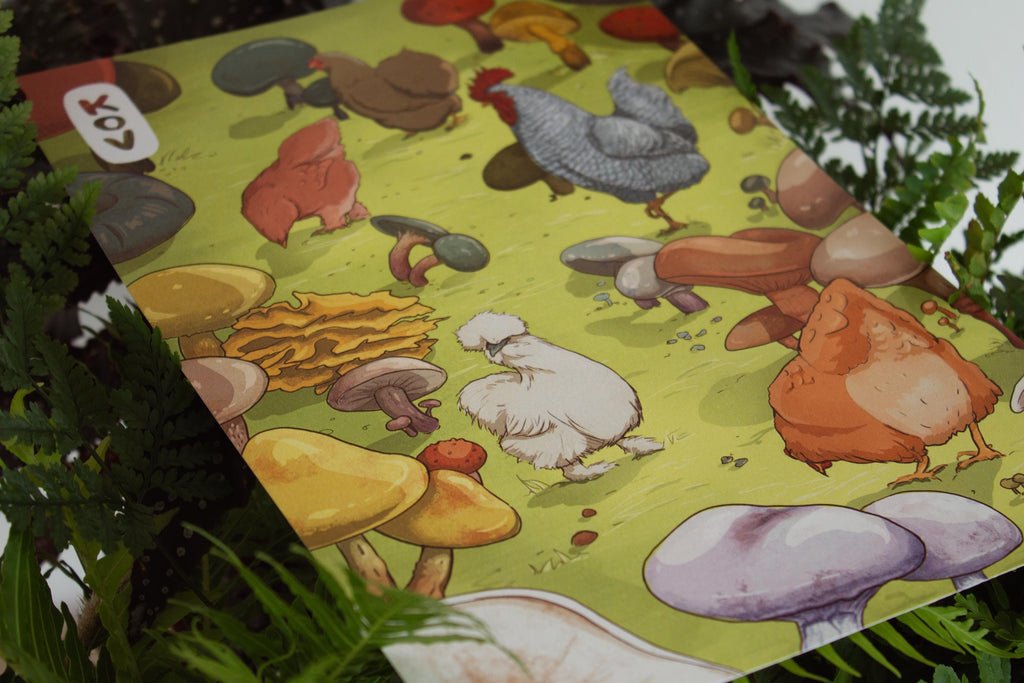 8x11 Art Print - Chickens & Mushrooms