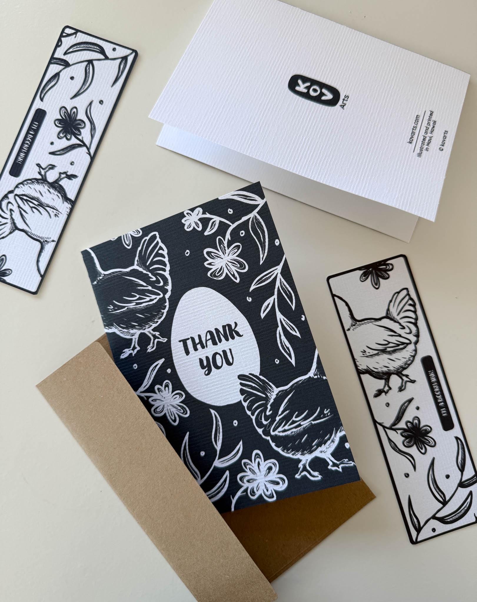 Chicken Floral Thank You Card 4x6 - Black & White - Greeting Card | Easter Spring Cards