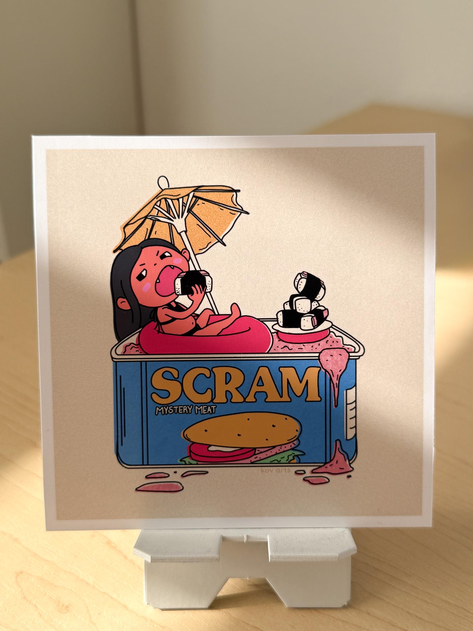 Funny Spam Girl Mini Art Print – 5x5 Art Wall Decor, Colorful, Cute & Quirky Gift, Small Print for Desk