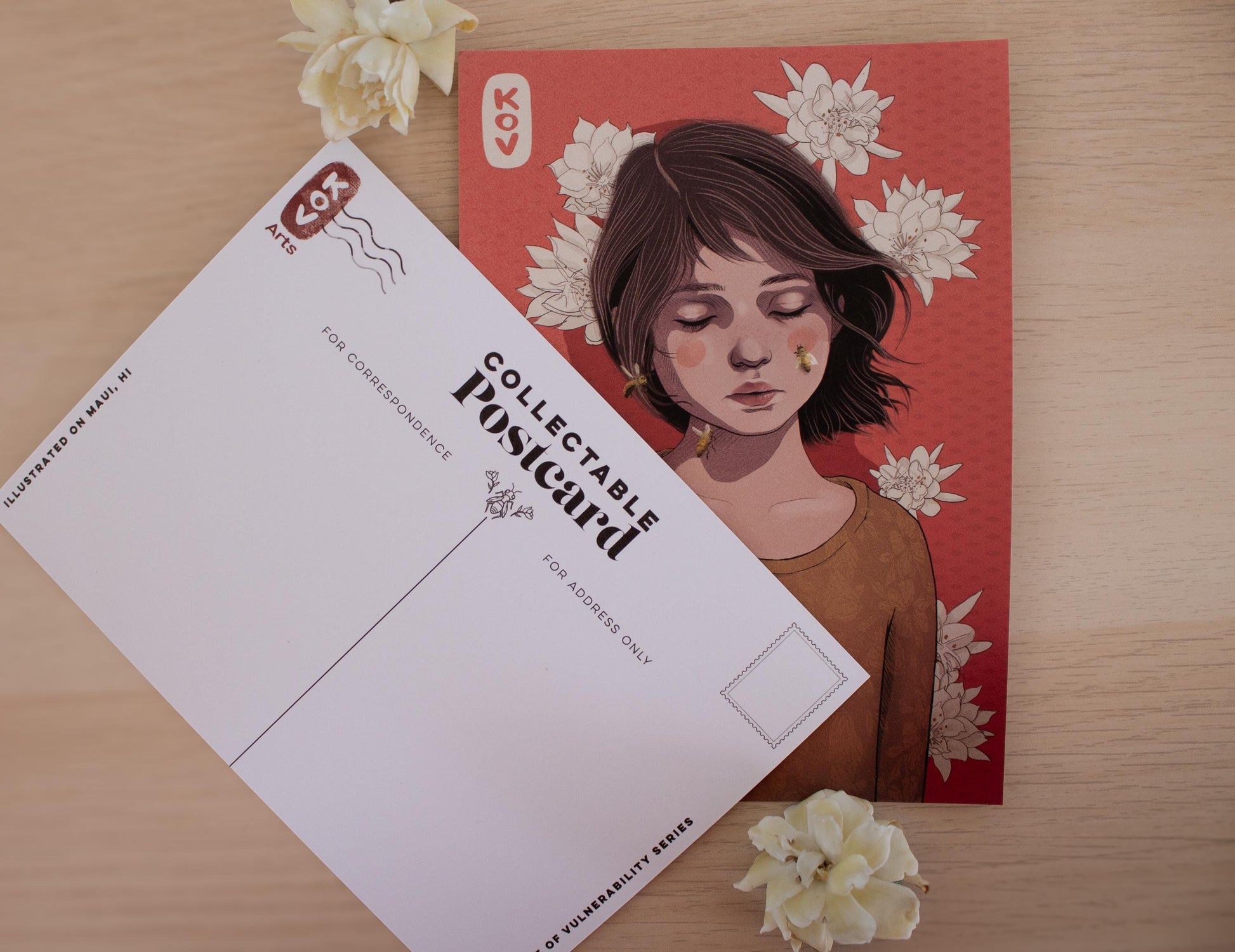 Set of 4 - 5x7 Art Postcards / Wall Art - Girl with Bees and Flowers