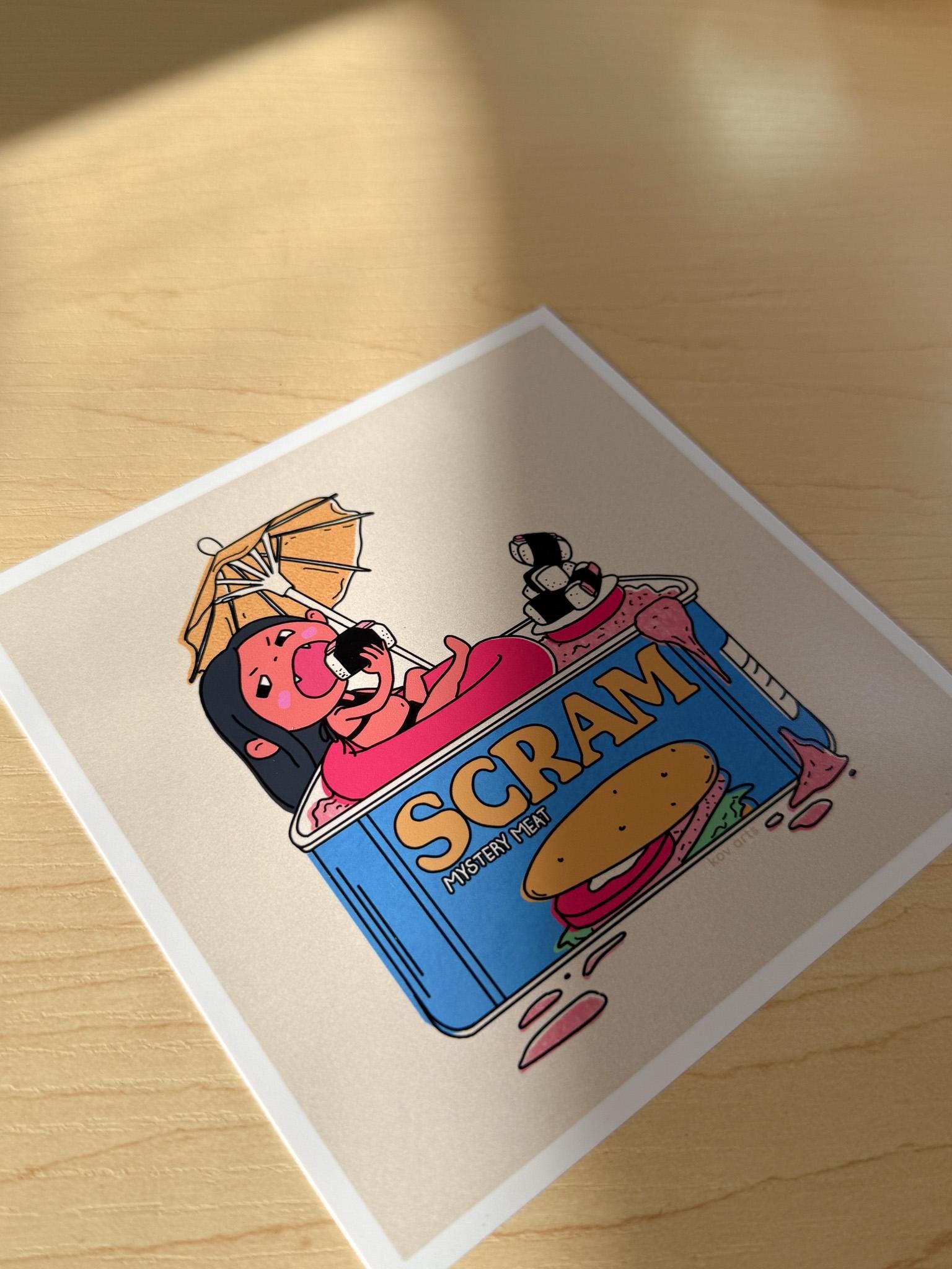 Funny Spam Girl Mini Art Print – 5x5 Art Wall Decor, Colorful, Cute & Quirky Gift, Small Print for Desk