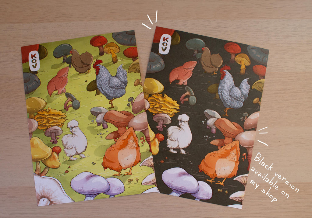 8x11 Art Print - Chickens & Mushrooms