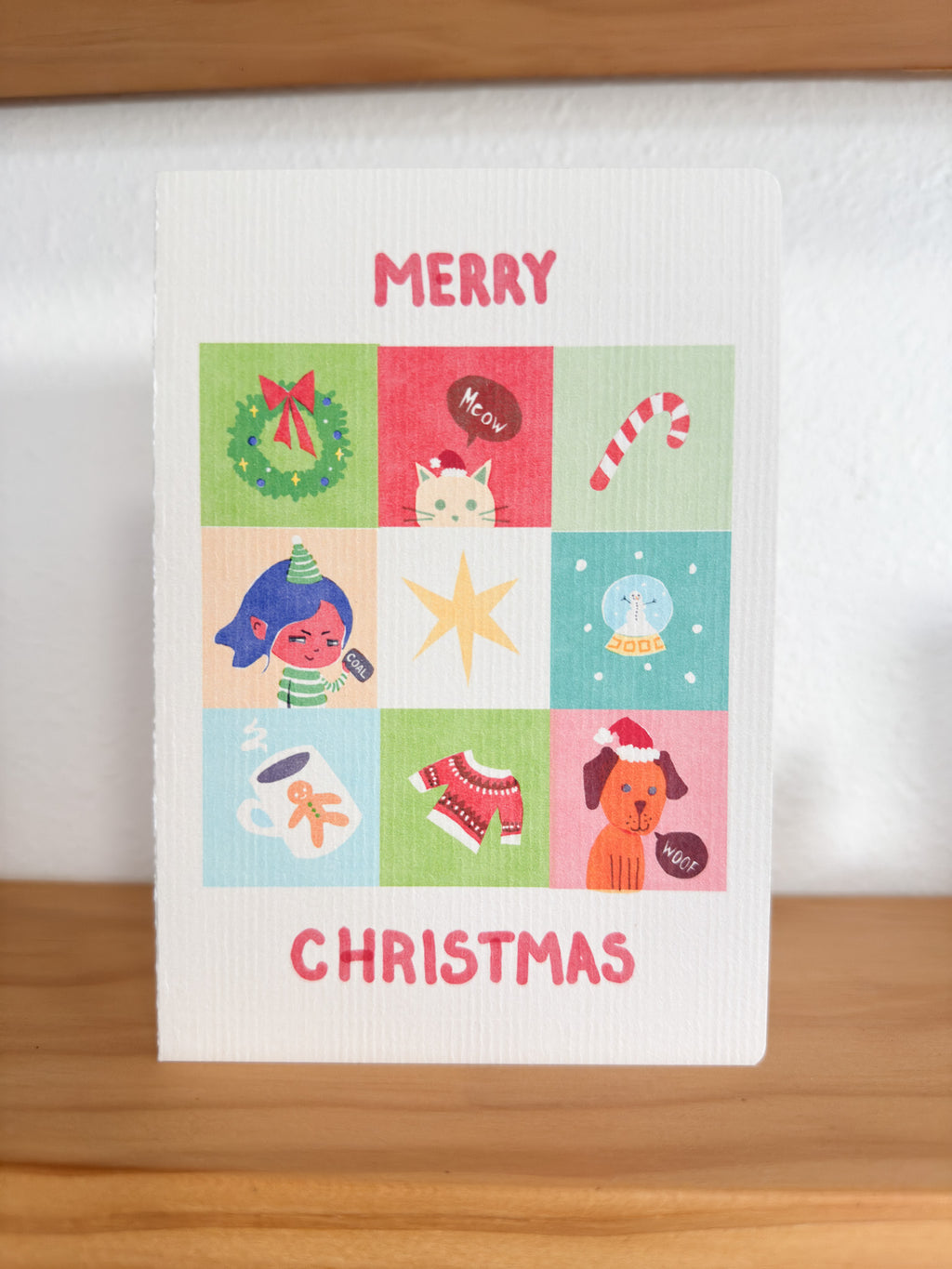 Cute Colorful Christmas Card 4x6 – Risograph Print Inspired Holiday Card | Dog & Cat