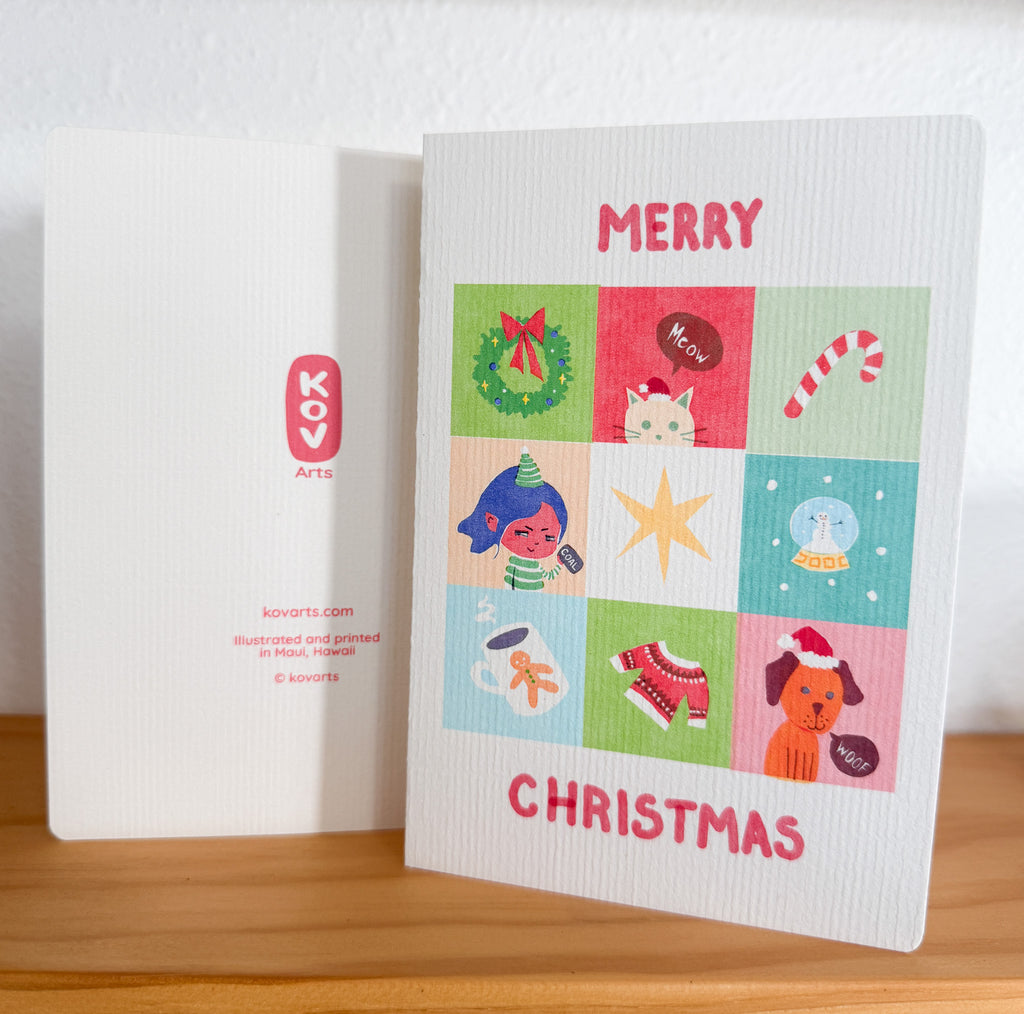 Cute Colorful Christmas Card 4x6 – Risograph Print Inspired Holiday Card | Dog & Cat