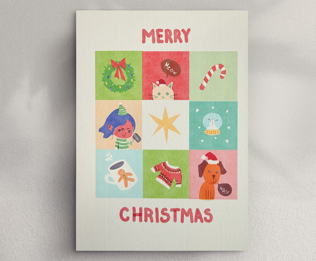 Cute Colorful Christmas Card 4x6 – Risograph Print Inspired Holiday Card | Dog & Cat