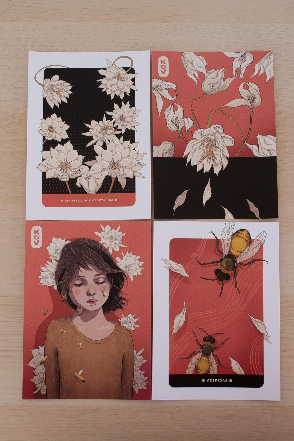 Set of 4 - 5x7 Art Postcards / Wall Art - Girl with Bees and Flowers