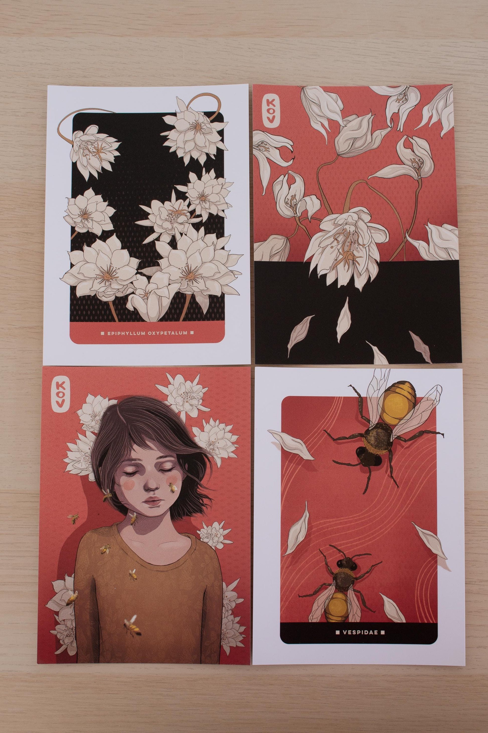 Set of 4 - 5x7 Art Postcards / Wall Art - Girl with Bees and Flowers
