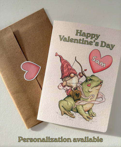 4x6 Personalized Valentine's Day Card - Funny Gnome & Frog