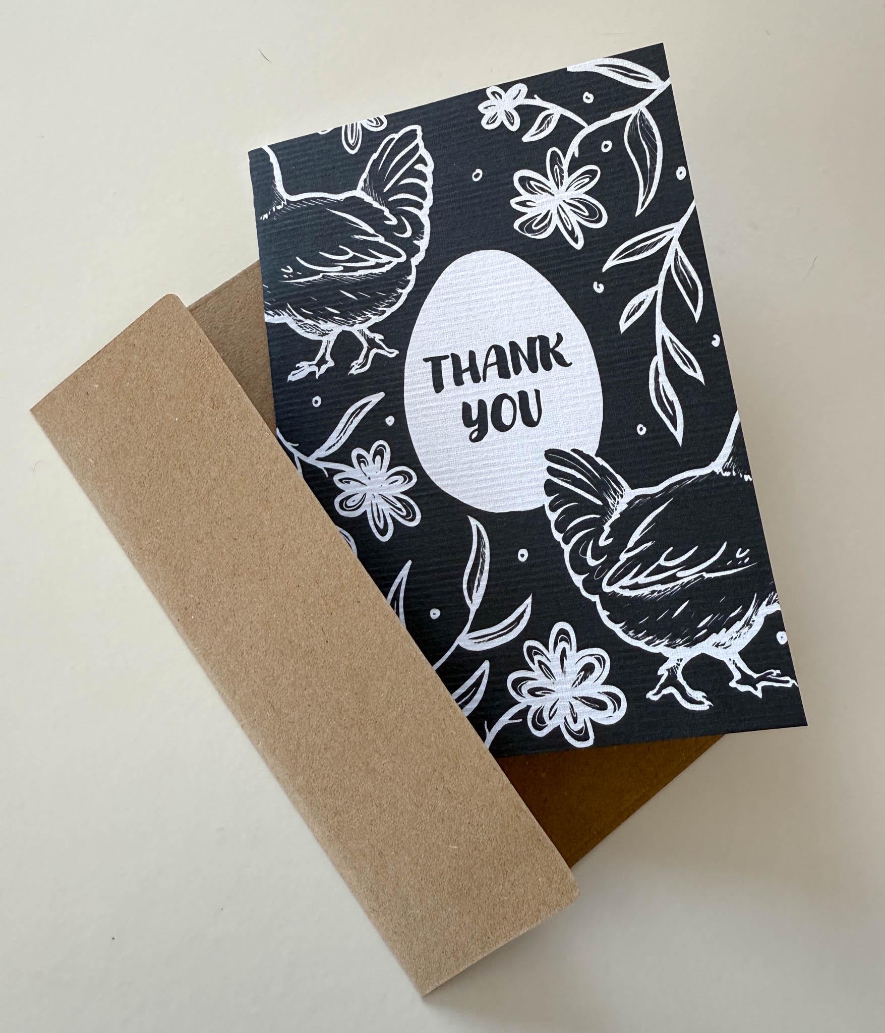 Chicken Floral Thank You Card 4x6 - Black & White - Greeting Card | Easter Spring Cards