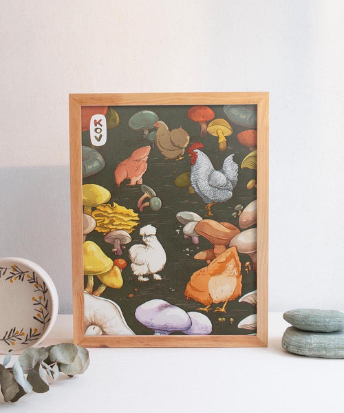 8x11 Art Print - Chickens & Mushrooms