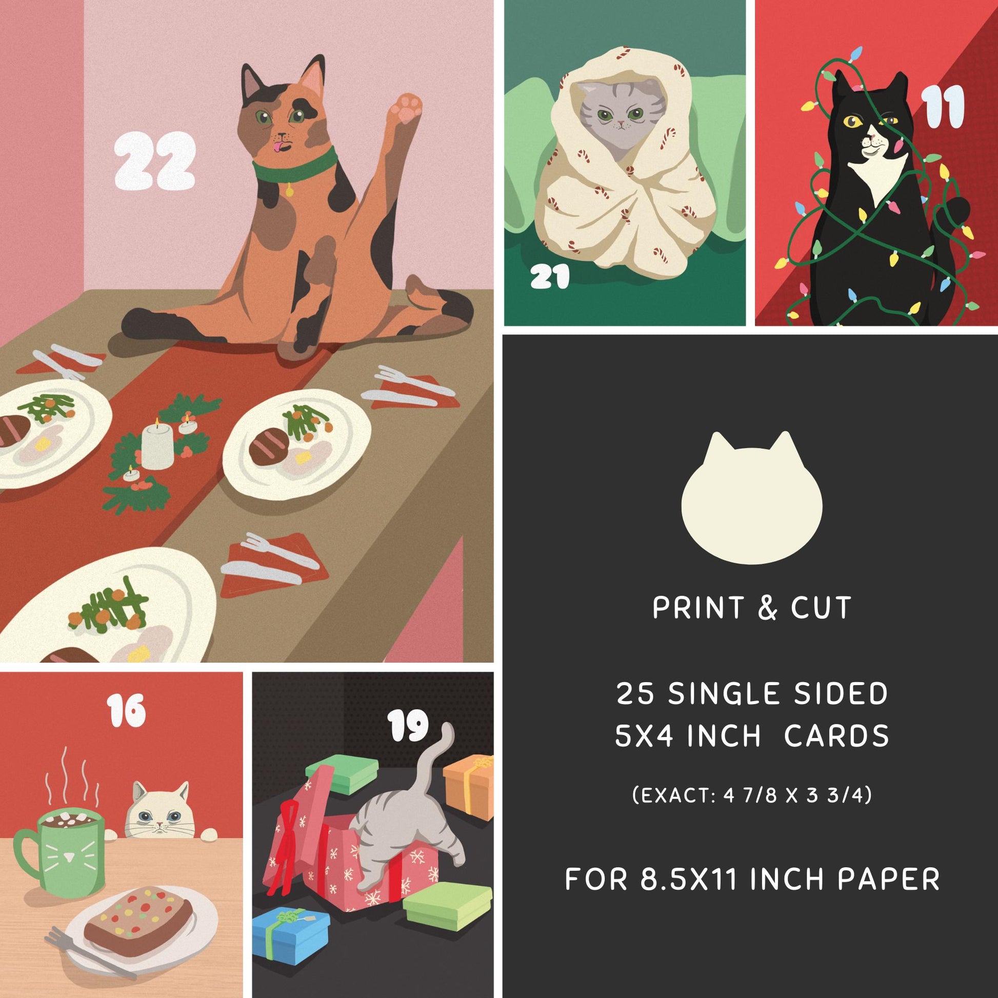 Christmas Cats - Advent Countdown Calendar Cards - Digital Download