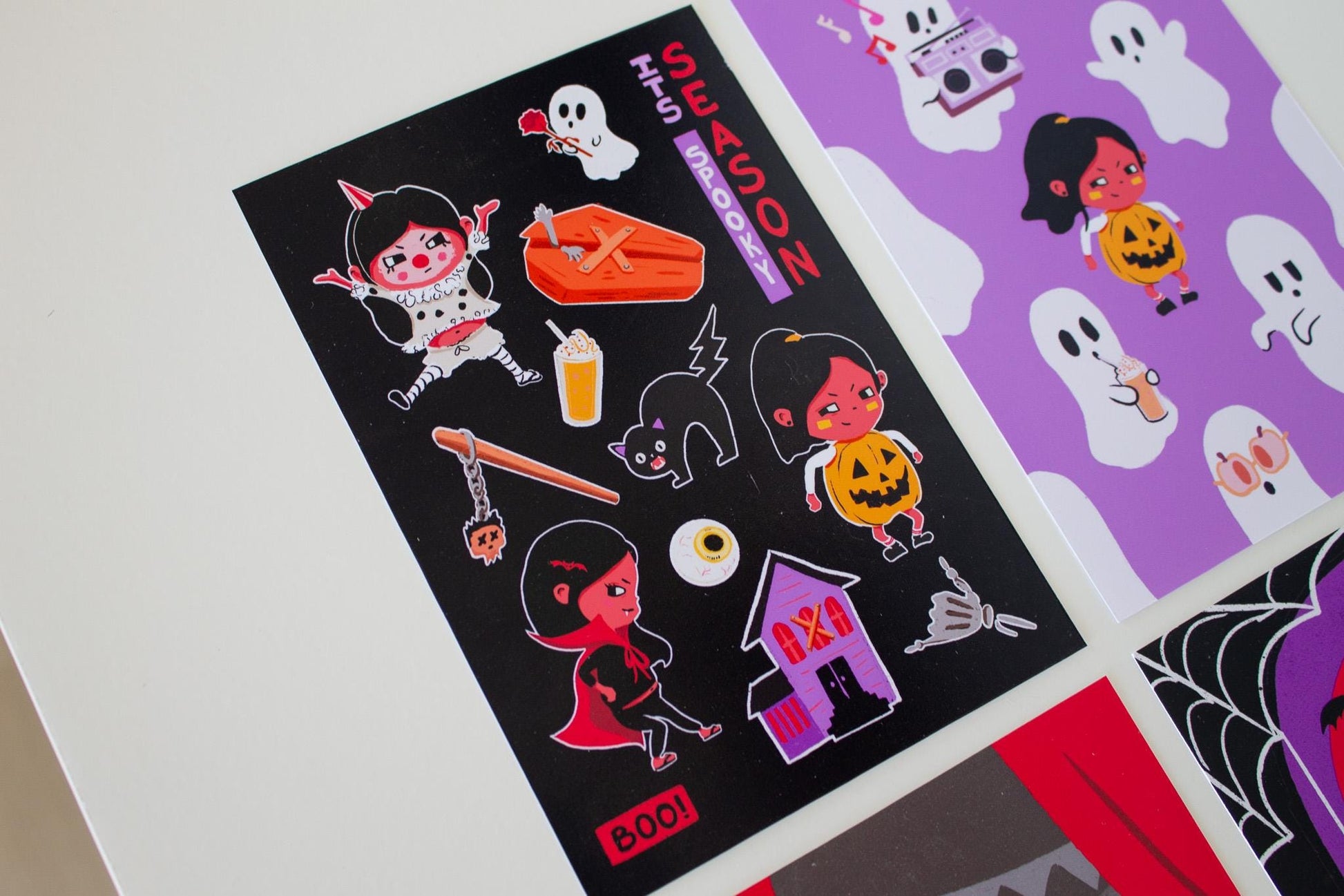 Set of 4 Halloween Mini Prints 4x6 – Cute & Funny Ghost, Vampire, Pumpkin, Cat, Clown | Spooky Wall Art Halloween Decor