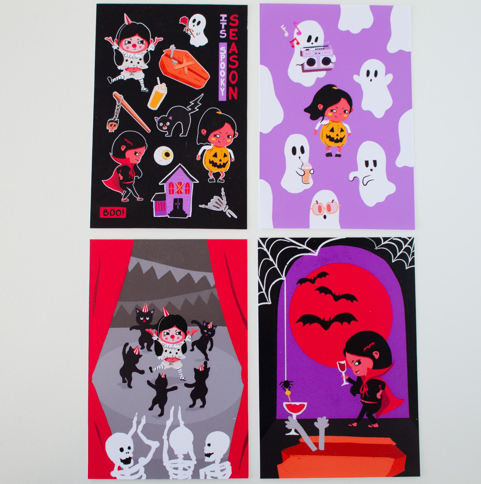 Set of 4 Halloween Mini Prints 4x6 – Cute & Funny Ghost, Vampire, Pumpkin, Cat, Clown | Spooky Wall Art Halloween Decor