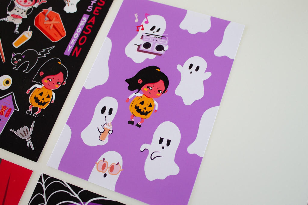 Set of 4 Halloween Mini Prints 4x6 – Cute & Funny Ghost, Vampire, Pumpkin, Cat, Clown | Spooky Wall Art Halloween Decor