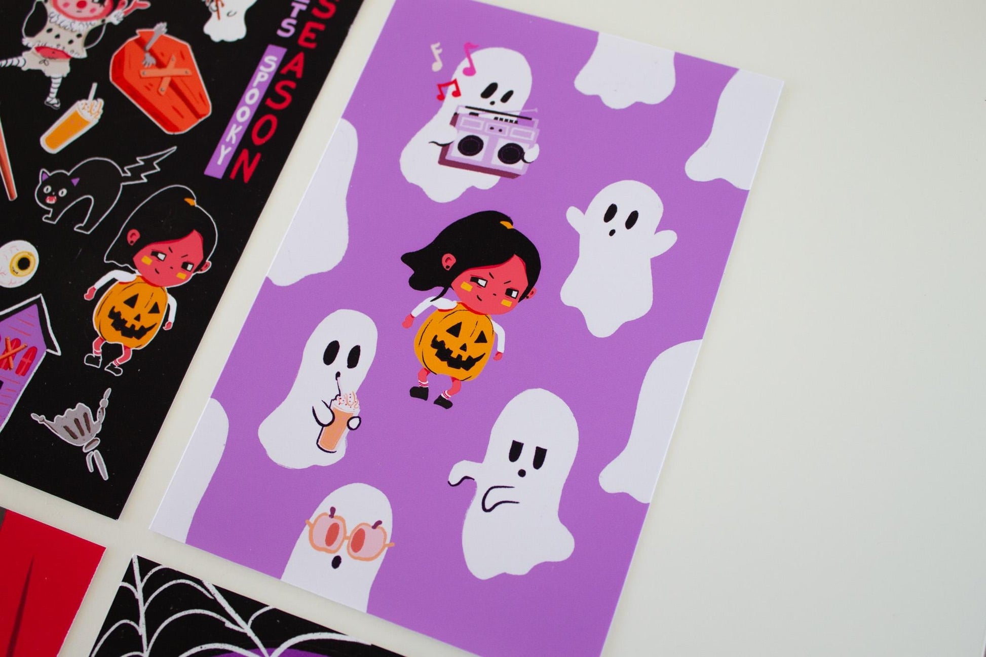 Set of 4 Halloween Mini Prints 4x6 – Cute & Funny Ghost, Vampire, Pumpkin, Cat, Clown | Spooky Wall Art Halloween Decor