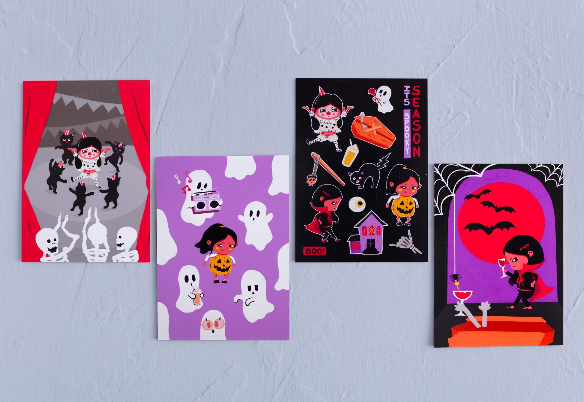 Set of 4 Halloween Mini Prints 4x6 – Cute & Funny Ghost, Vampire, Pumpkin, Cat, Clown | Spooky Wall Art Halloween Decor