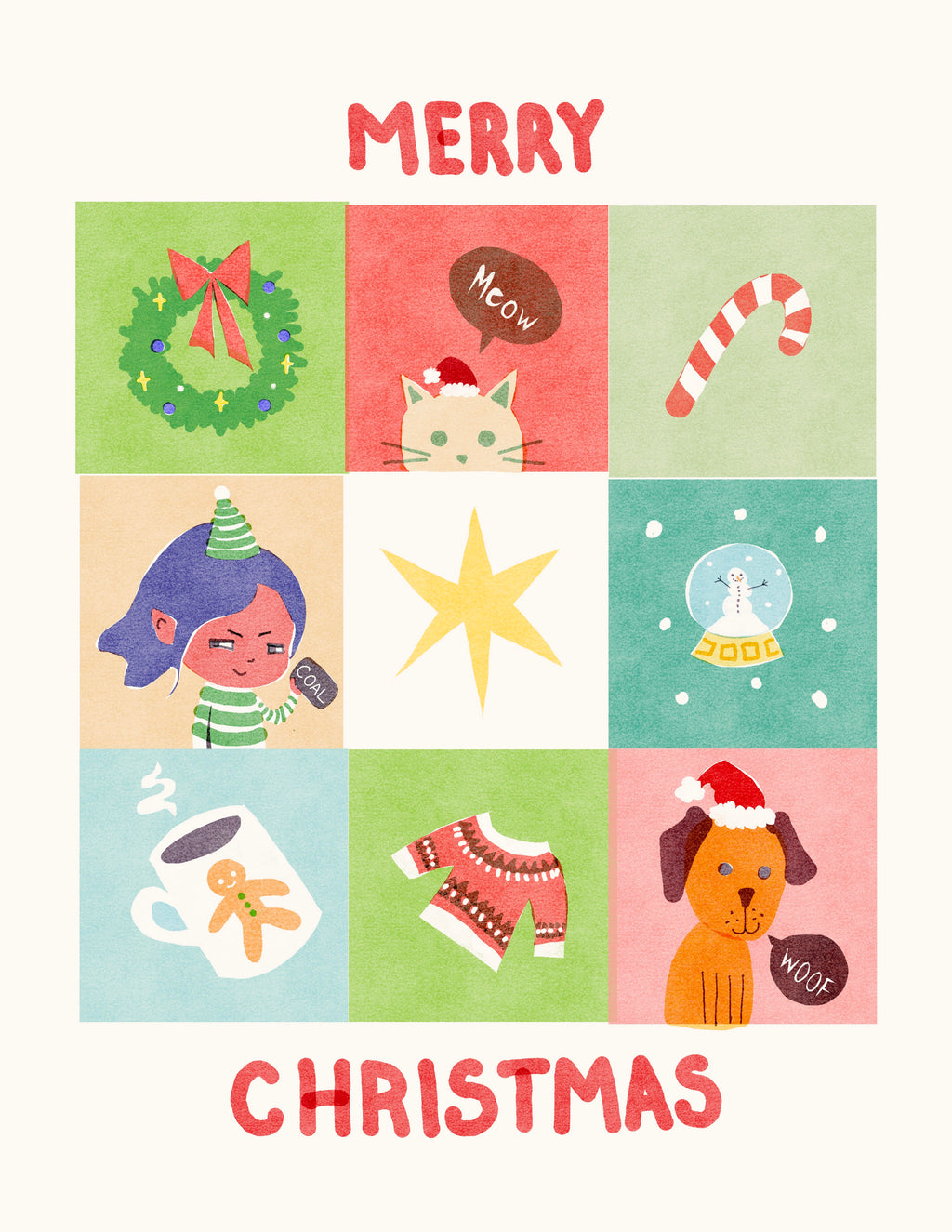 Cute Colorful Christmas Card 4x6 – Risograph Print Inspired Holiday Card | Dog & Cat