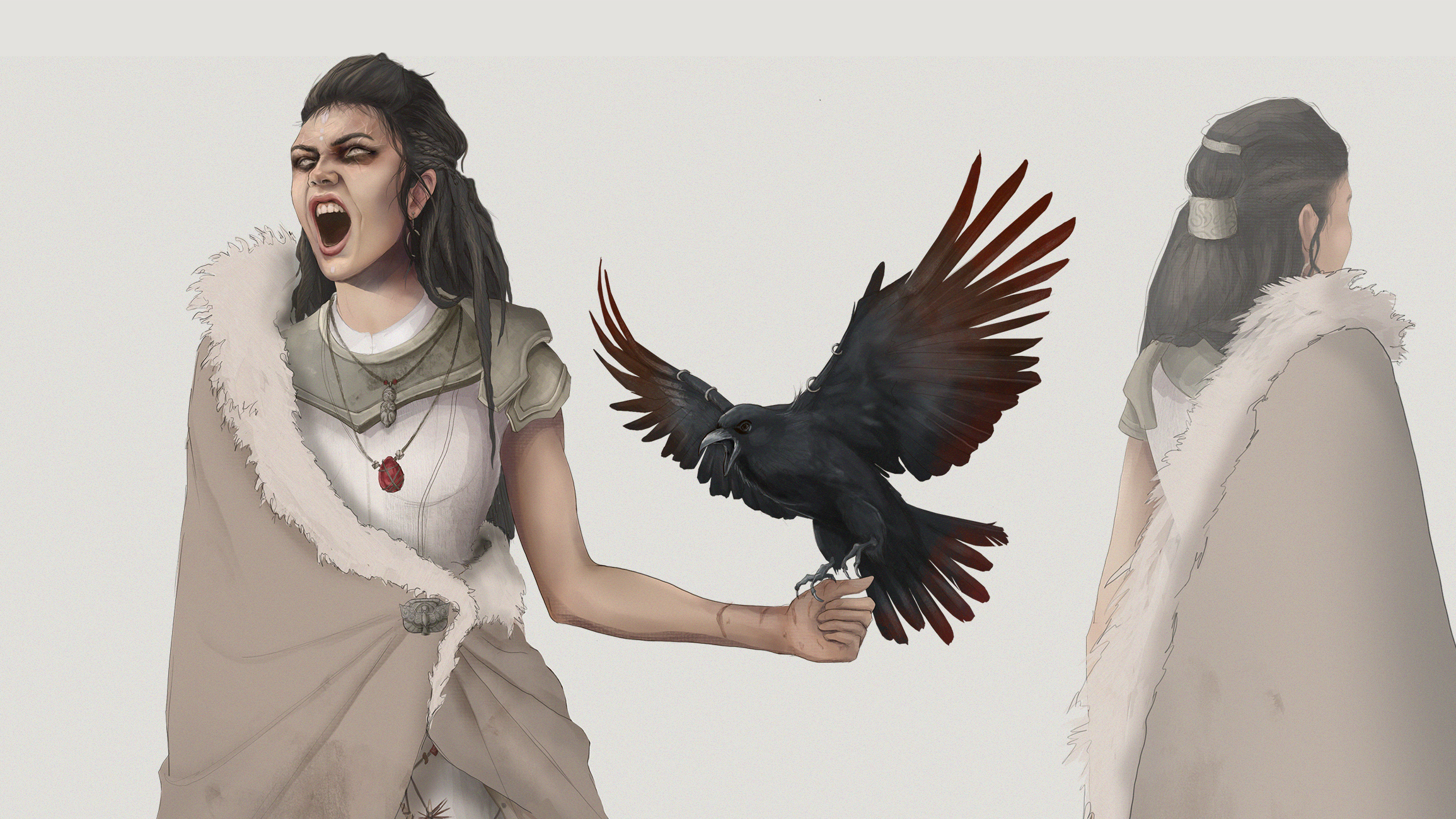 Person in fantasy costume with bird, front and back views on a white background